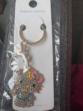 Gold Rhinestone Hello Kitty Keychain with Pink Accent - Fashion Jewelry